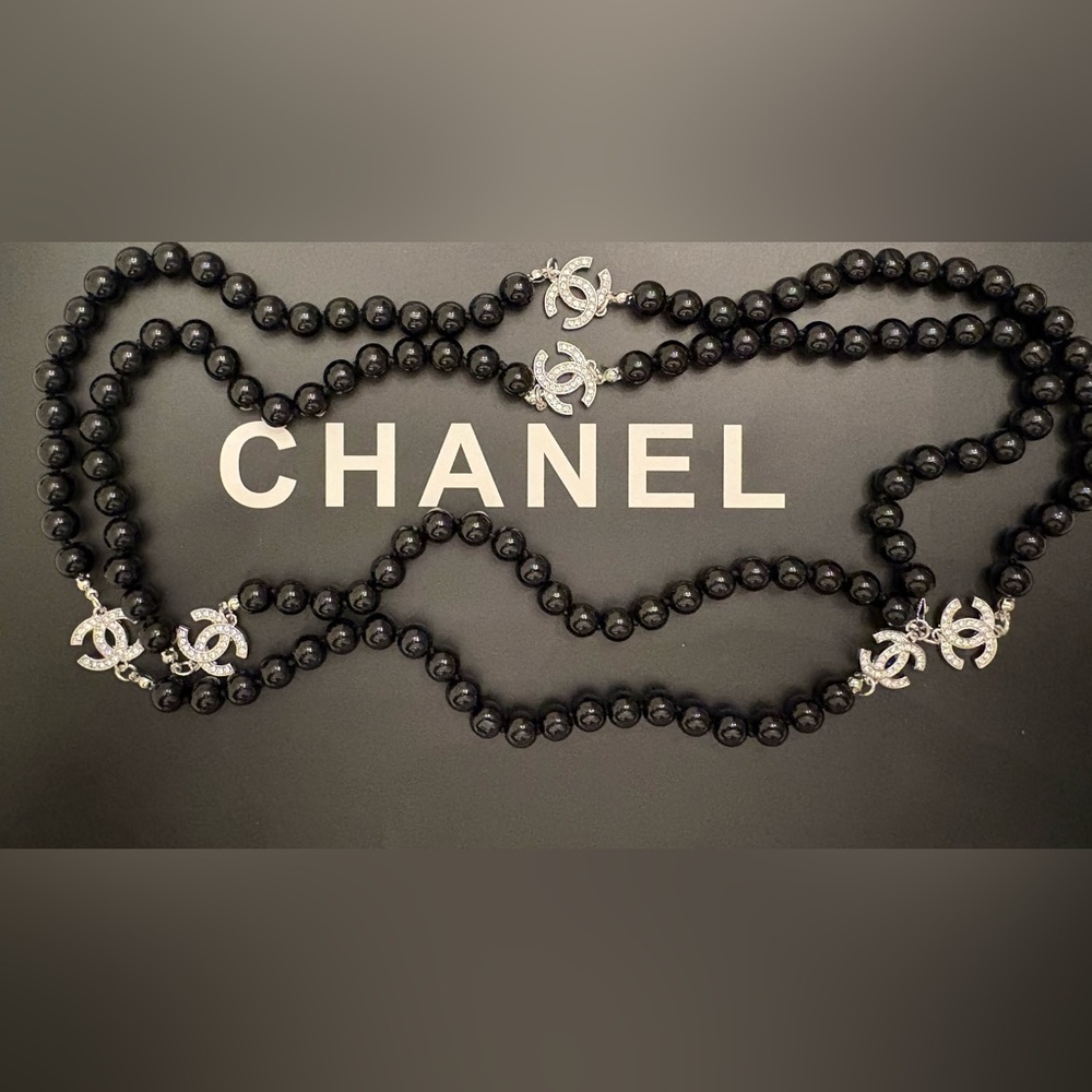Black Beaded long Necklace with Silver diamond Logo Charms 24 inches long